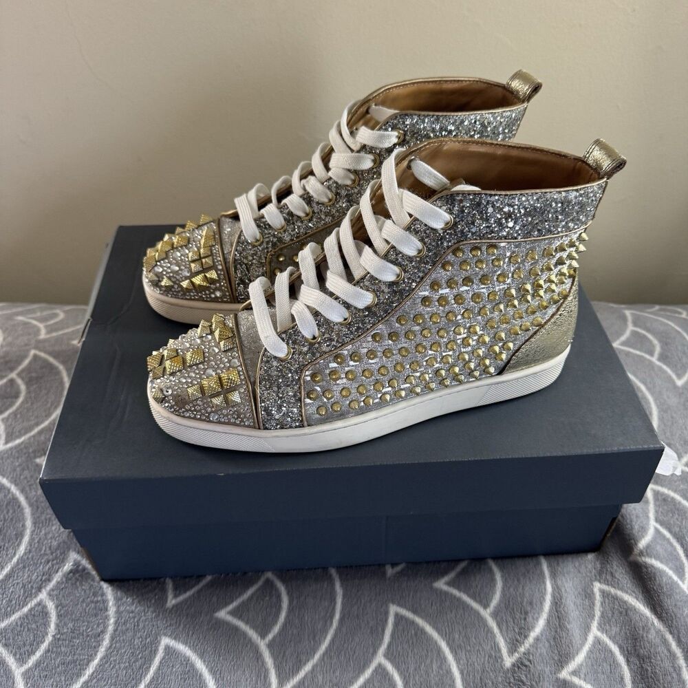 Christian Louboutin High Top Sneaker Flat Spikes Crystals Stra Men's Sz EU43